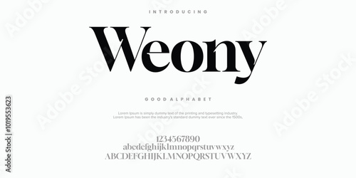 Weony Modern abstract digital serif font. Logo creative font, type, technology, movie, digital, music, movie. Font and illustration in vector format.