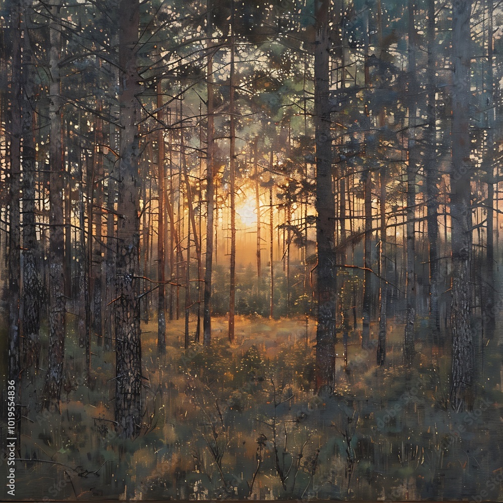Pine forest in the fog at sunrise. illustration. Pine forest in the fog at sunrise. illustration.