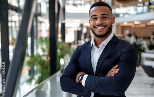 A confident man in a stylish suit stands with arms crossed, smiling in a modern office environment filled with natural light and greenery.