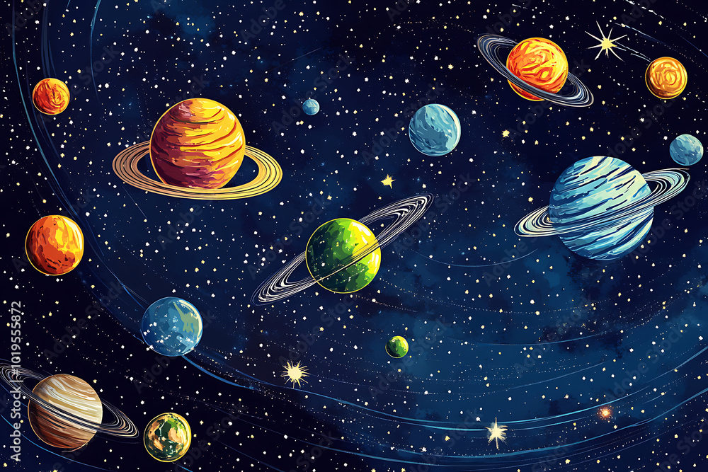 Fototapeta premium A colorful illustration of planets in space, showcasing a vibrant cosmic scene.