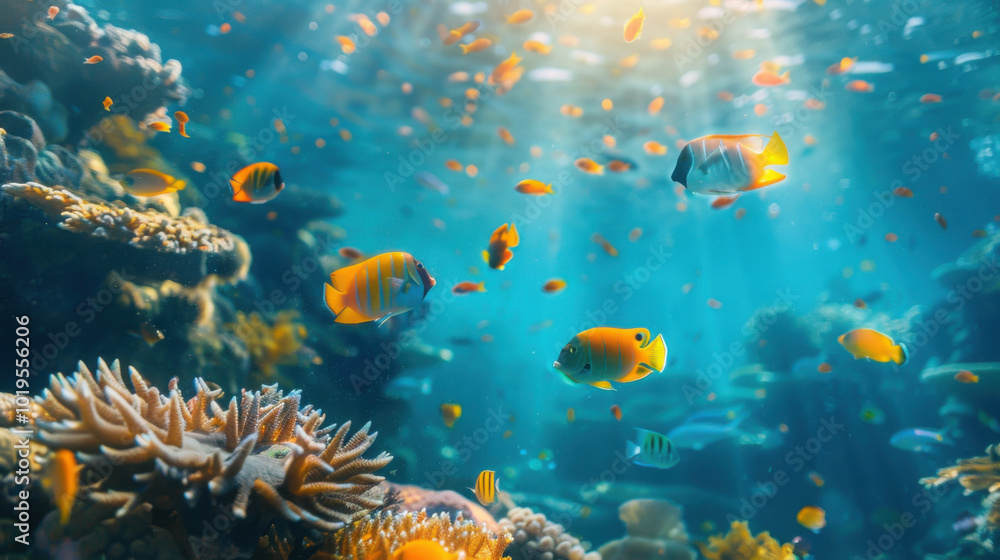 Fototapeta premium Family scuba diving in crystal clear tropical waters, exploring vibrant coral reefs and marine life, with colorful fish swimming around