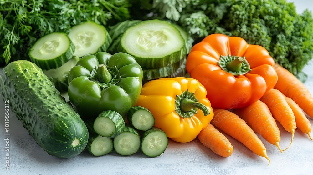 Collection of fresh and vibrant vegetables including bell peppers cucumbers and carrots isolated on a white background ideal for healthy food imagery Collection of fresh and vibrant vegetables including bell peppers cucumbers and carrots isolated on a white background ideal for healthy food imagery