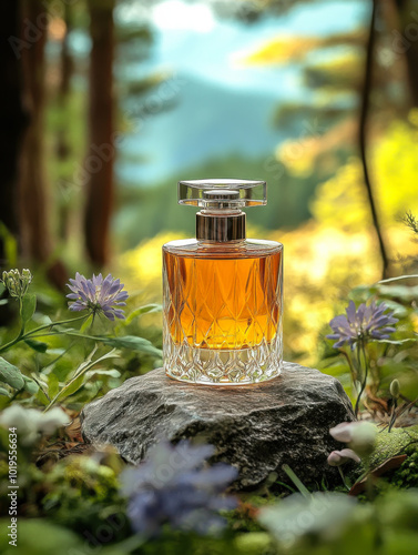 A bottle of amber-colored perfume is placed on the stone
