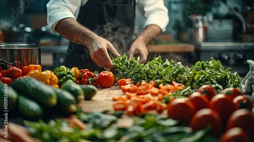 Chef Preparing Fresh Vegetables in a Restaurant Kitchen