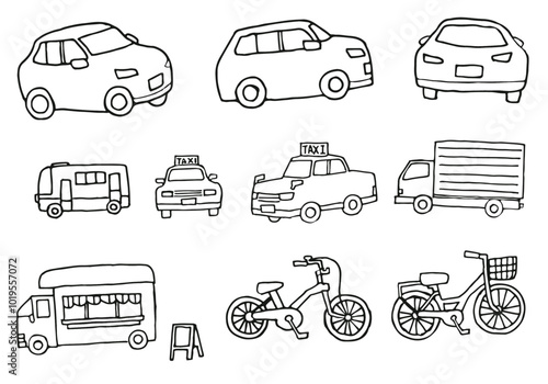 Black and white pen drawing illustrations of various types of vehicles.