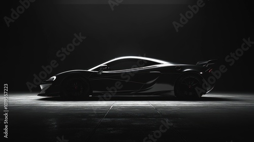 A sleek black sports car with a low profile and a powerful engine stands alone in a dark studio.