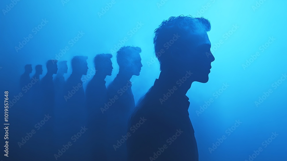 Silhouettes of people in blue fog, illustrating introspection. Silhouettes of people in blue fog, illustrating introspection.