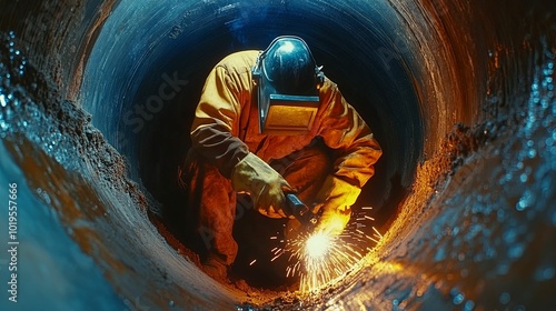 Welder in Protective Gear Working Inside a Large Pipe photo