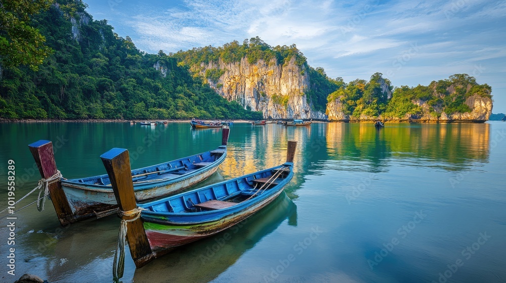Serene Boats by the Scenic Coastal Landscape Serene Boats by the Scenic Coastal Landscape
