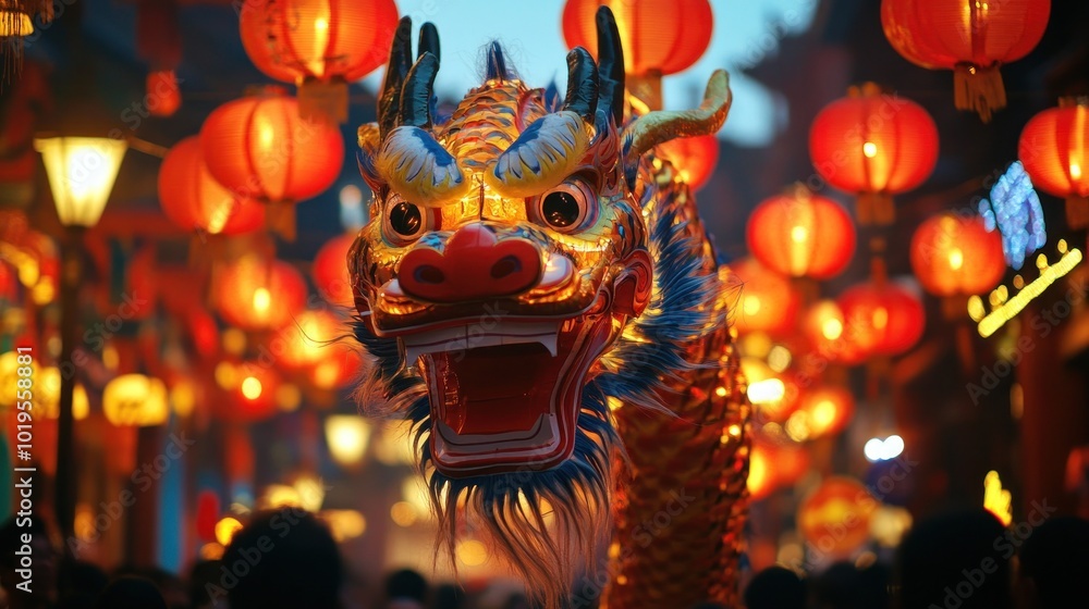 A vibrant dragon figure amidst lanterns in a festive street scene. A vibrant dragon figure amidst lanterns in a festive street scene.