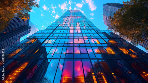 Wallpaper Mural A breathtaking view up a glass skyscraper, bathed in the hues of the interior lights and setting sun. Torontodigital.ca