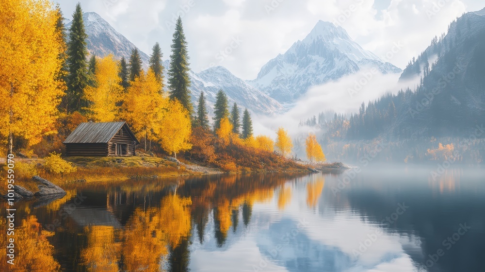 Cabin, mountains, lake, fall foliage, reflection. Cabin, mountains, lake, fall foliage, reflection.
