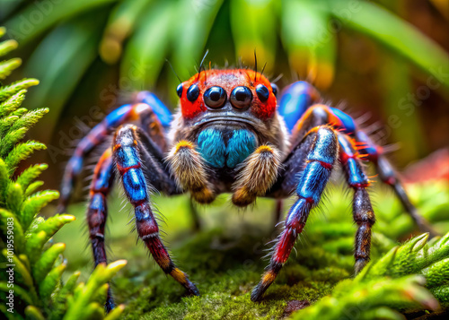 vibrant male Australian peacock spider displays its striking colors and intricate patterns, showcasing its vivid blue, red, and black features against lush green background. This captivating creature