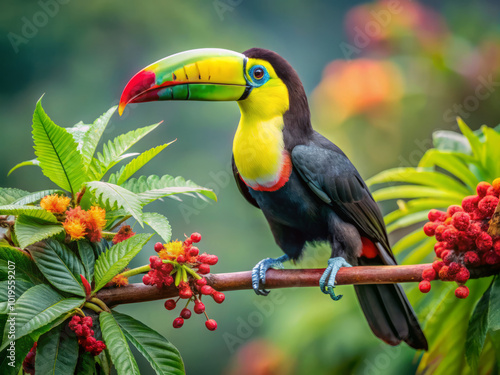 vibrant keel billed toucan with colorful rainbow beak perched on branch surrounded by lush green leaves and bright red fruits, showcasing beauty of tropical wildlife