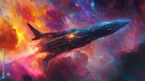 Spaceship flying through colorful nebula.