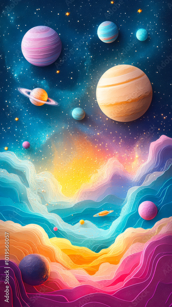 Colorful starry sky collage with many small space elements Colorful starry sky collage with many small space elements