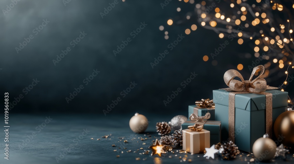 Fototapeta premium During the holiday season There were many gift boxes in large piles, beautifully decorated for people to choose from.