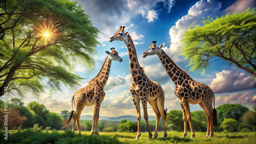 Majestic giraffes stand gracefully beneath vibrant sky, surrounded by lush greenery. This serene scene captures beauty of wildlife in tranquil setting