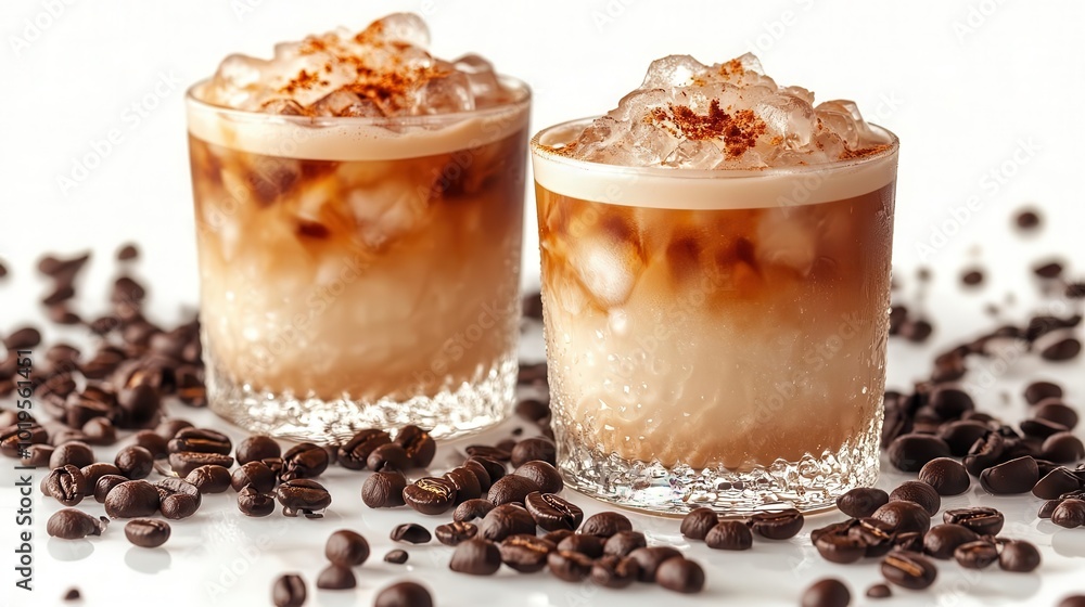 set of iced coffee and iced latte visually refreshing against a clean white background vibrant reflections showcasing the deliciousness and allure of these beverages perfect for warm days set of iced coffee and iced latte visually refreshing against a clean white background vibrant reflections showcasing the deliciousness and allure of these beverages perfect for warm days