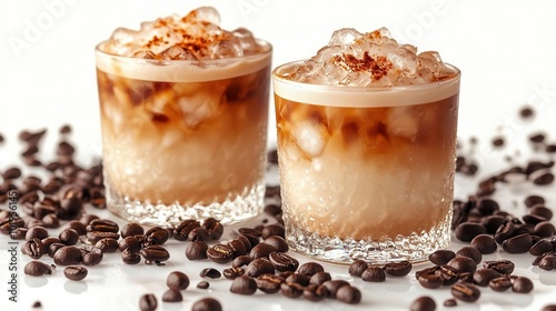 set of iced coffee and iced latte visually refreshing against a clean white background vibrant reflections showcasing the deliciousness and allure of these beverages perfect for warm days