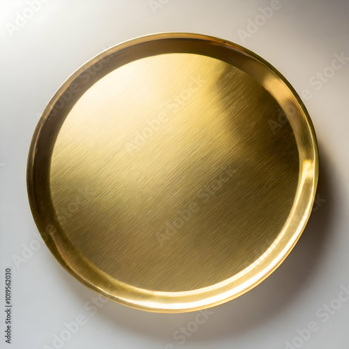 A polished golden metal plate placed flat on a pristine white background. The surface of the plate reflects light with subtle highlights, emphasizing its smooth texture and shiny finish