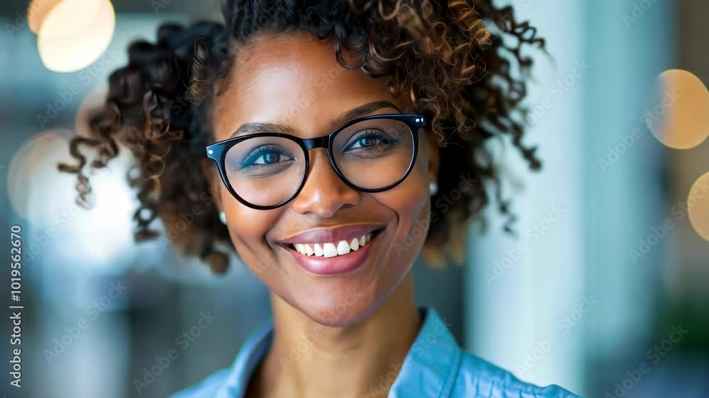 A cheerful woman with curly hair and glasses enjoys her phone in a vibrant indoor space during the morning hours A cheerful woman with curly hair and glasses enjoys her phone in a vibrant indoor space during the morning hours
