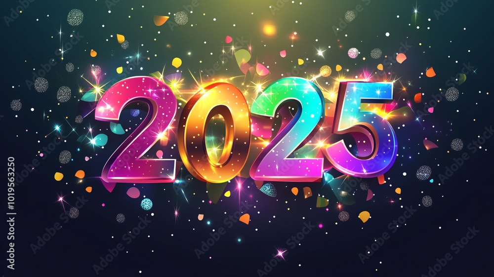 Colorful 2025 celebration design with sparkling lights and confetti for new year festivities Colorful 2025 celebration design with sparkling lights and confetti for new year festivities