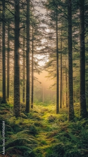 a misty morning in a deep forest the trees