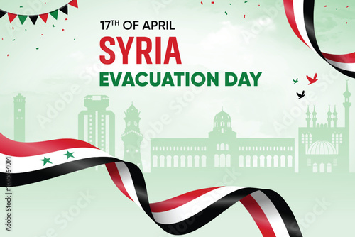 Syria Flag Waving On Skyline Background. Evacuation Day Concept Design Vector Illustration.