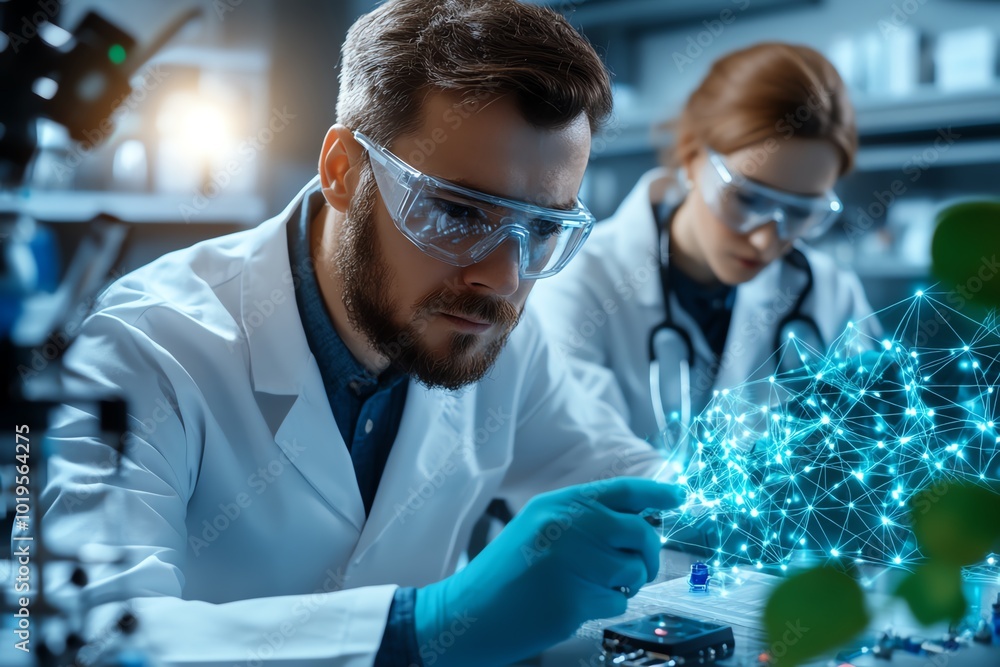 Realistic image of scientists in a lab working on tomorrow’s solutions for medical advancements, with futuristic equipment and data models surrounding them, symbolizing the future of healthcare Realistic image of scientists in a lab working on tomorrow’s solutions for medical advancements, with futuristic equipment and data models surrounding them, symbolizing the future of healthcare