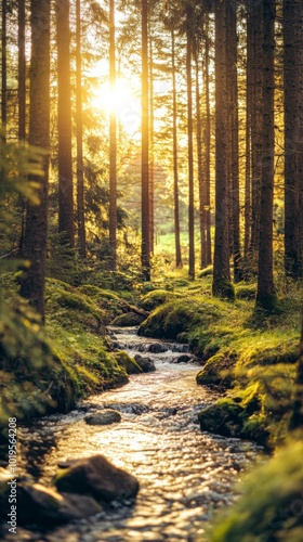 a quiet forest stream winding through tall dense trees photo