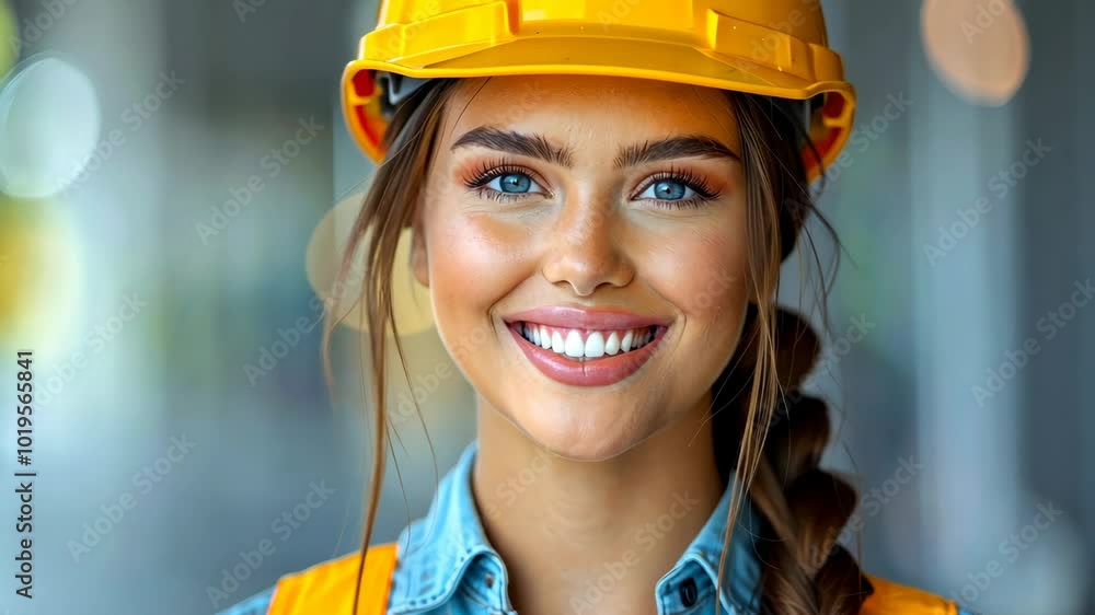A cheerful young woman in a hard hat and denim shirt smiles confidently at a construction site A cheerful young woman in a hard hat and denim shirt smiles confidently at a construction site