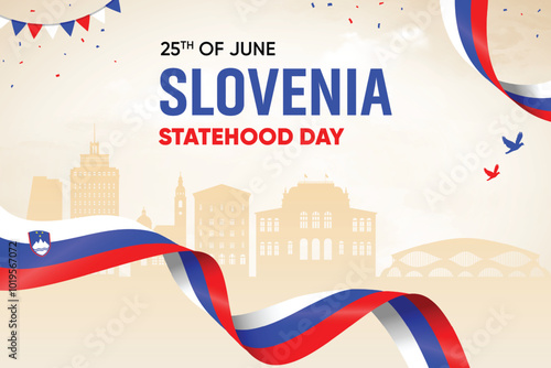 Slovenia Flag Waving On Skyline Background. Statehood Day Concept Design Vector Illustration.