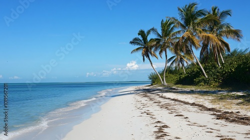 A tropical beach with palm trees and white sand.