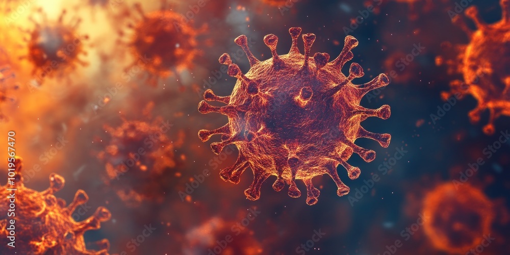 Close-up of a coronavirus with a blurred background of other viruses. Close-up of a coronavirus with a blurred background of other viruses.