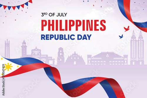 Philippines Flag Waving On Skyline Background. Republic Day Concept Design Vector Illustration.