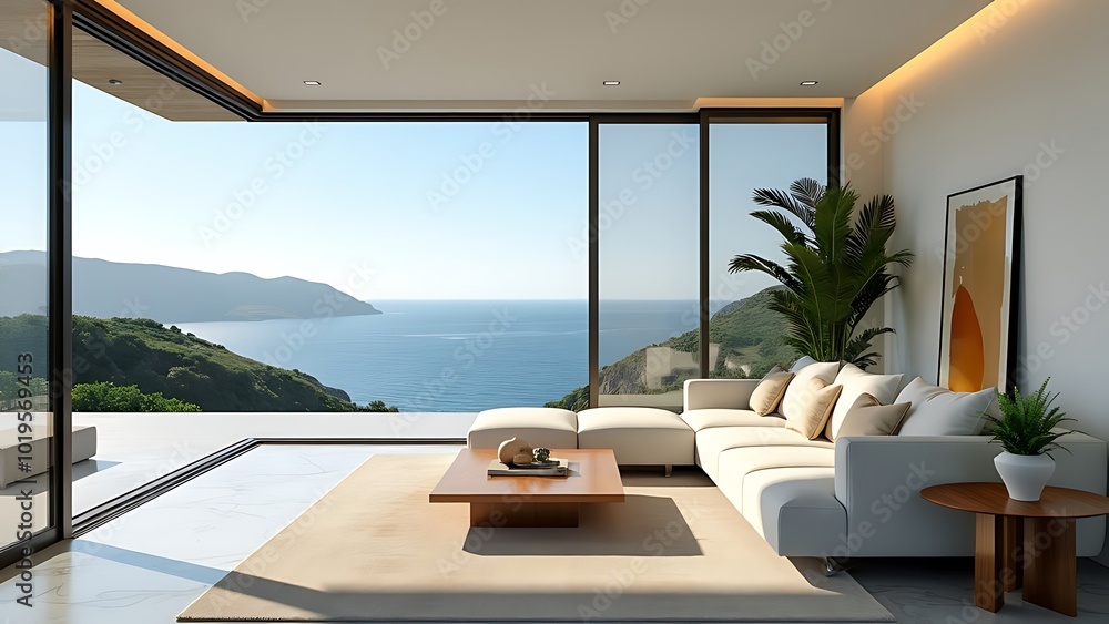 View of Luxury architecture, ocean front property landscape. Modern living room ...