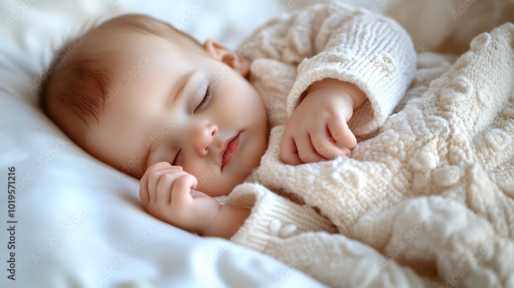 A sweet baby girl sleeping peacefully in a white knitted onesie on a white bed. A sweet baby girl sleeping peacefully in a white knitted onesie on a white bed.