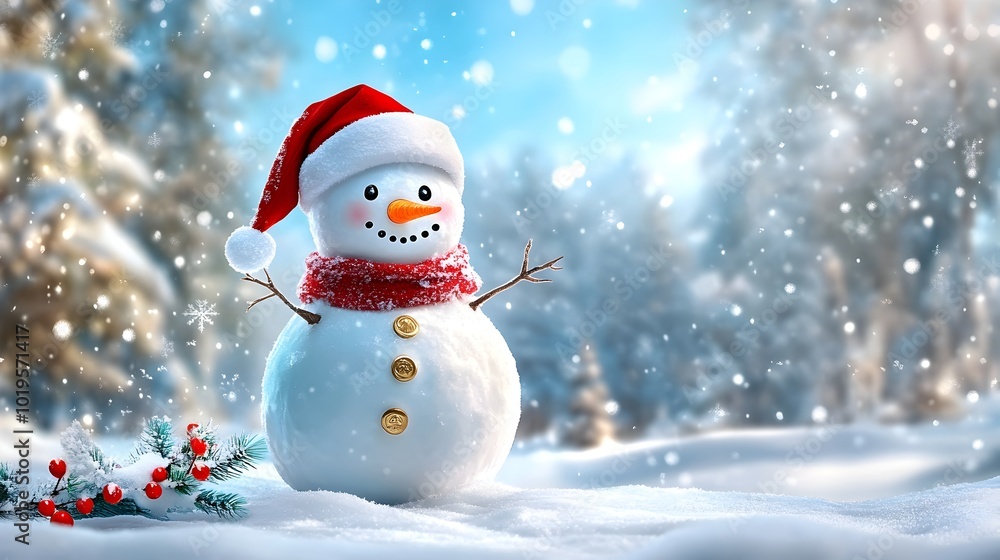 Whimsical Anthropomorphic Snowman in Magical Snow Covered Forest with Santa Hat Whimsical Anthropomorphic Snowman in Magical Snow Covered Forest with Santa Hat