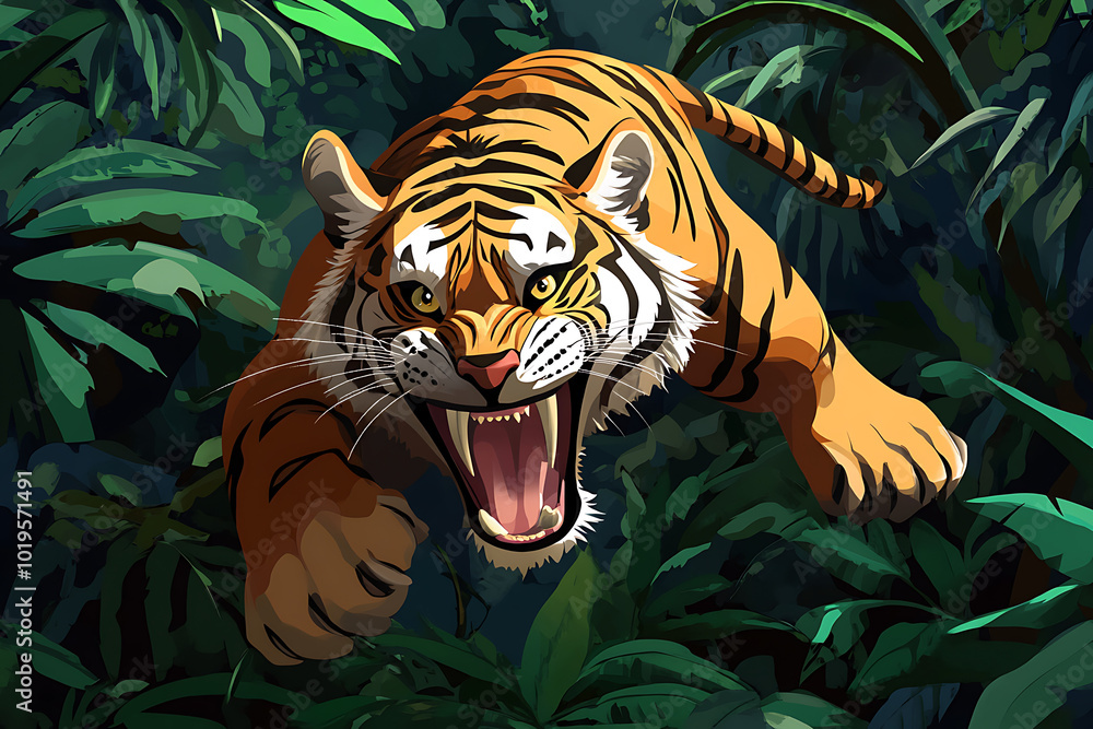 A fierce tiger leaps through dense jungle foliage, showcasing its power and agility. A fierce tiger leaps through dense jungle foliage, showcasing its power and agility.