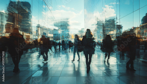 Fototapeta Naklejka Na Ścianę i Meble -  Capture people interacting with mirrored surfaces in cityscapes, playing with reflections and distortion