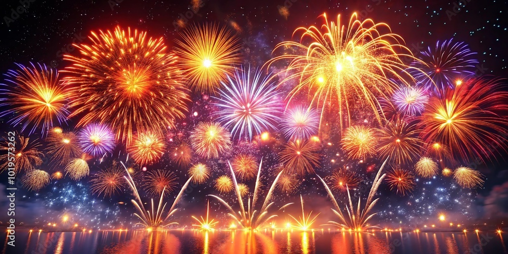 Fototapeta premium stunning display of colorful fireworks lighting up night sky, reflecting beautifully on water. vibrant bursts create festive atmosphere, perfect for celebrations