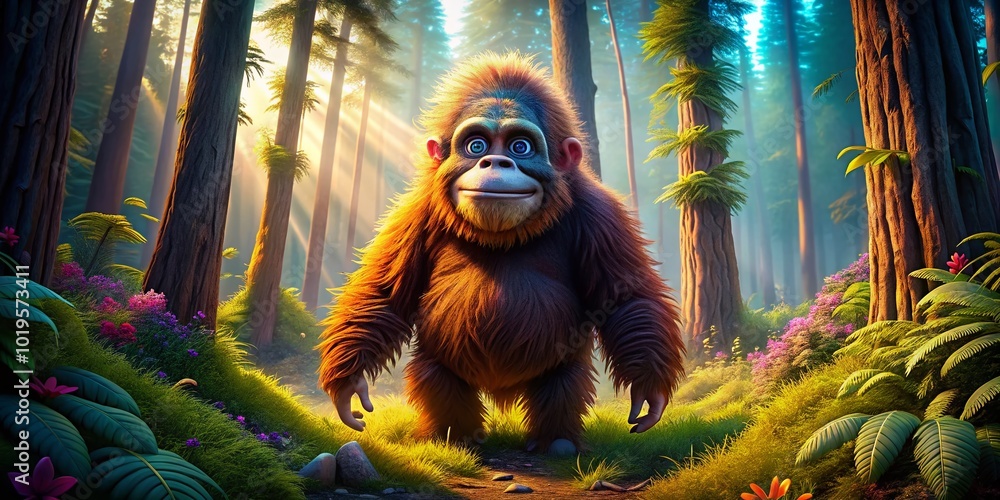 Obraz premium Whimsical Sasquatch Cartoon Character in a Playful Forest Setting, Fun and Colorful Illustration Design