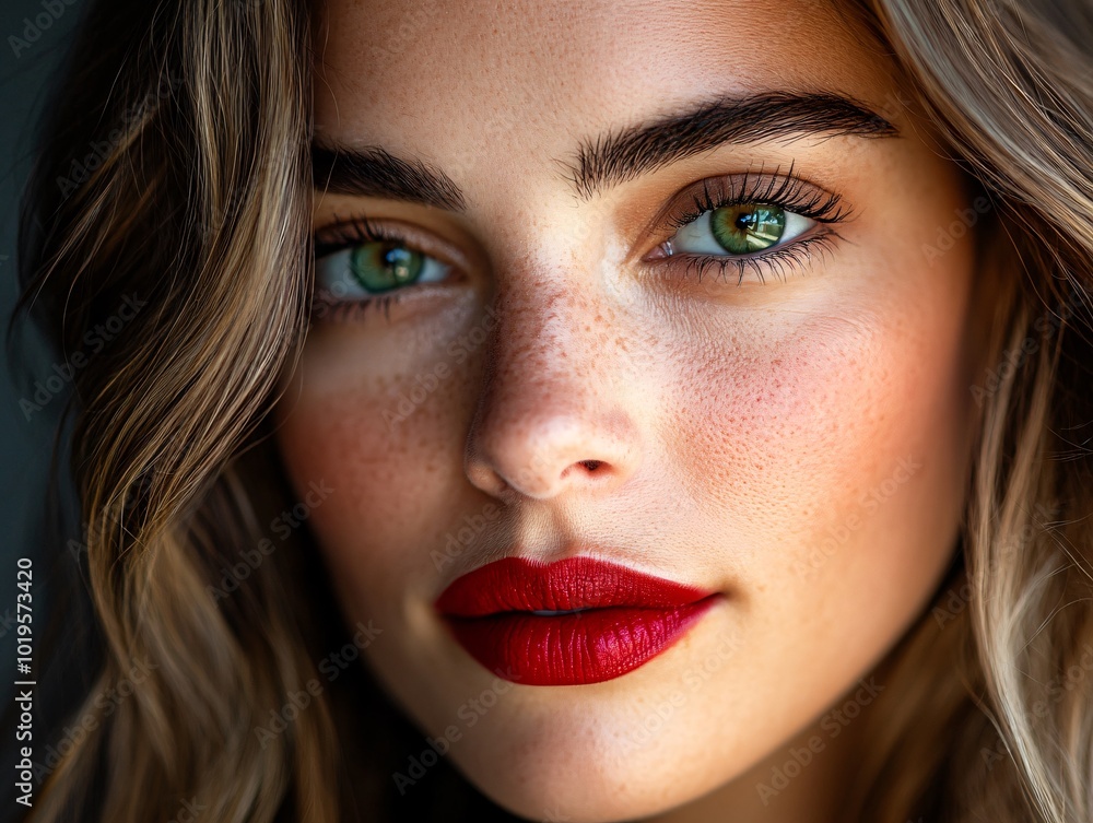 Close-up portrait of a young woman with green eyes and red lipstick. Close-up portrait of a young woman with green eyes and red lipstick.