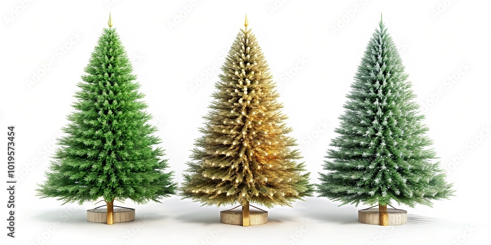 Lush green, golden, and frosted Christmas trees stand elegantly on wooden bases, creating festive atmosphere perfect for holiday celebrations Lush green, golden, and frosted Christmas trees stand elegantly on wooden bases, creating festive atmosphere perfect for holiday celebrations
