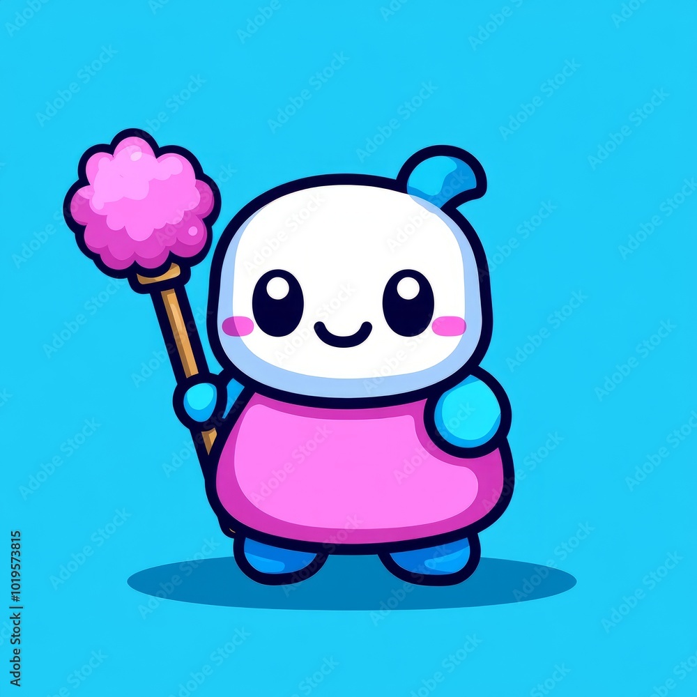 A cute character holding a cotton candy stick, set against a blue background. A cute character holding a cotton candy stick, set against a blue background.