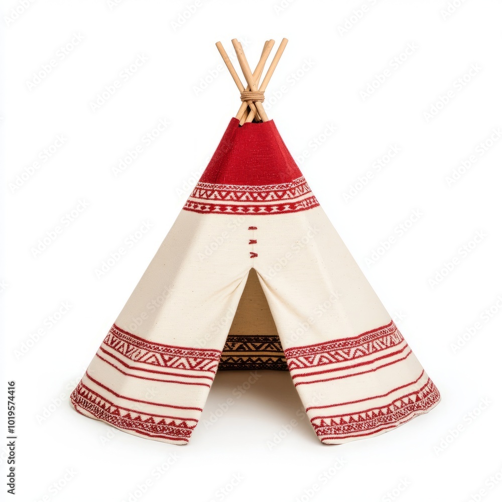 A decorative teepee with red and white patterns, ideal for play or decor. A decorative teepee with red and white patterns, ideal for play or decor.