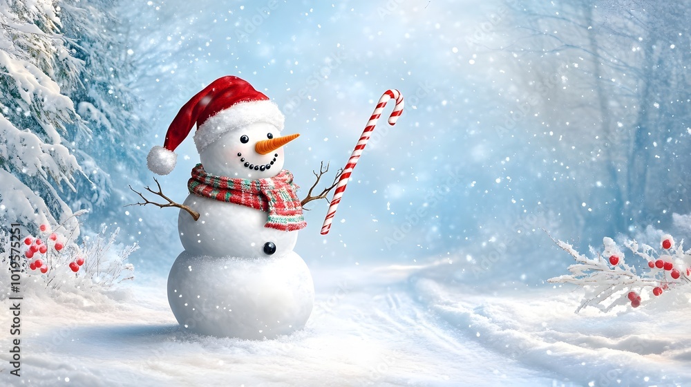 Cheerful Snowman Holding Candy Cane in Snowy Winter Wonderland Cheerful Snowman Holding Candy Cane in Snowy Winter Wonderland