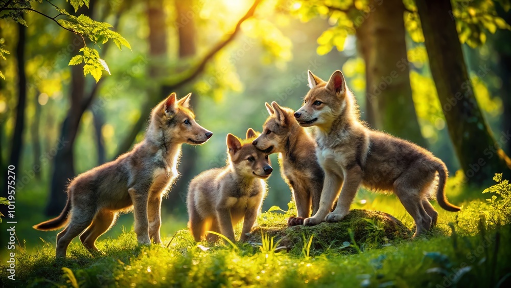 Fototapeta premium Young Wolves Playing in the Wild Under the Warm Sunlight Surrounded by Lush Greenery and Trees