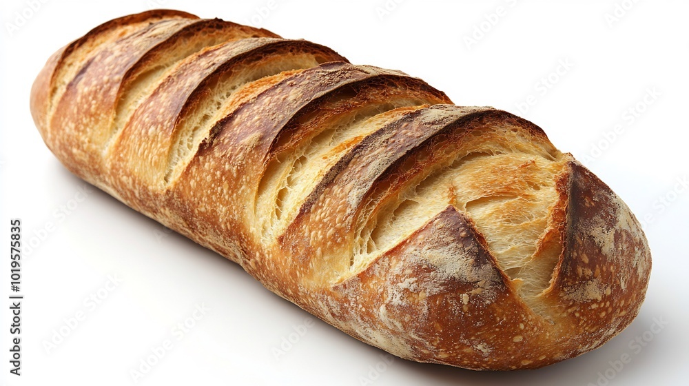 Fresh loaf of French baguette isolated on a clean white background crispy and golden Fresh loaf of French baguette isolated on a clean white background crispy and golden